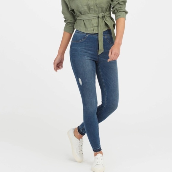 Spanx Distressed Ankle Skinny Jeans, Medium Wash - Picture 1 of 6